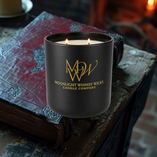 Black Matte Soy, double wicked candle with 'Moonlight Whimsy Wicks' logo on a textured surface in front of ancient burgundy books in a library.