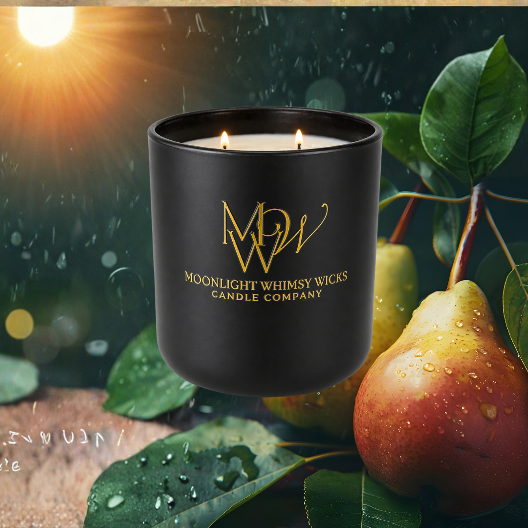 Luxury Black Matte candle with 'Moonlight Whimsy Wicks' gold branding on a background of pears and leaves with the moon shining down.