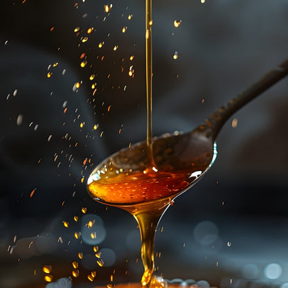 Luscious Honey drizzling down onto a spoon with a black background.