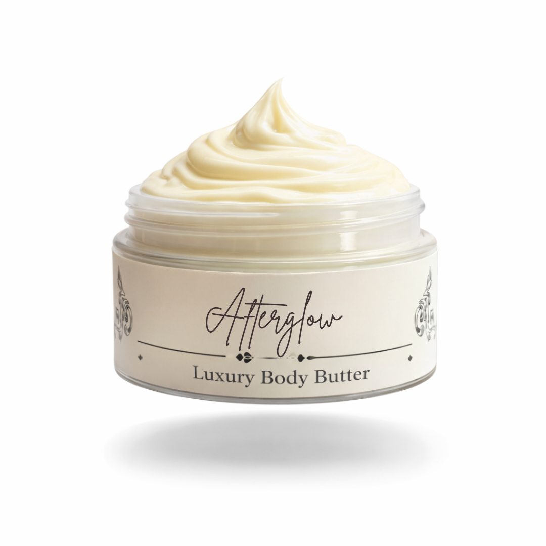 Jar of 'Afterglow' luxury body butter on a white background