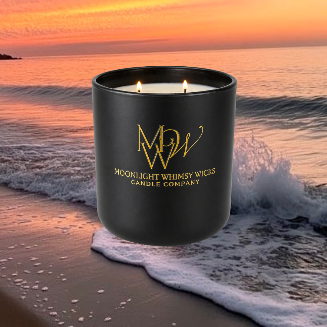 Afterglow luxury candle by Moonlight Whimsy Wicks with ocean waves and a glowing beach sunset