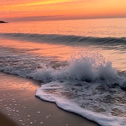 Ocean waves rolling onto the beach at sunset with warm peach and pink evening light