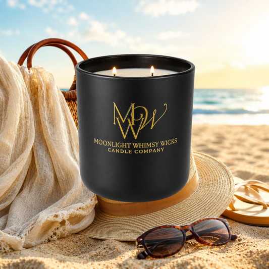 Beach Bum luxury soy wax candle by Moonlight Whimsy Wicks with coconut pistachio beach fragrance