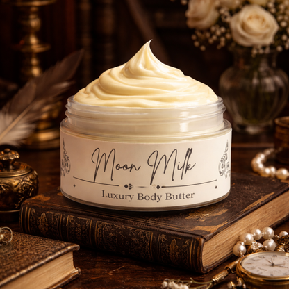 Jar of Moon Milk Luxury Body Butter on an old book with vintage decor