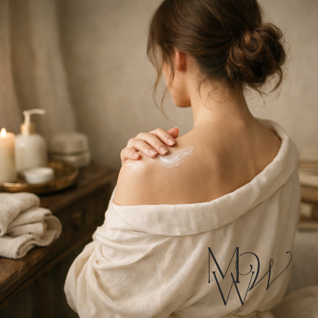 Woman applying cream to her shoulder in a bathroom setting, wearing a robe with a visible brand logo.