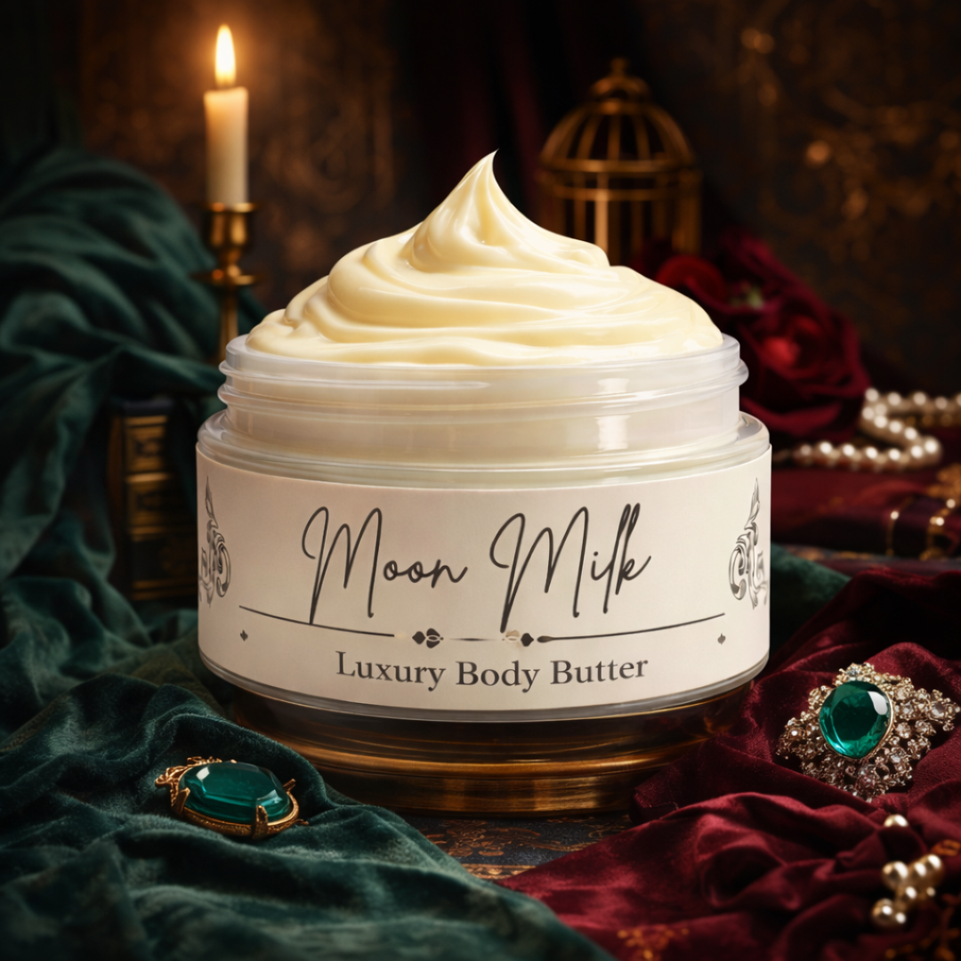 Jar of 'Moon Milk' luxury body butter with decorative elements in the background