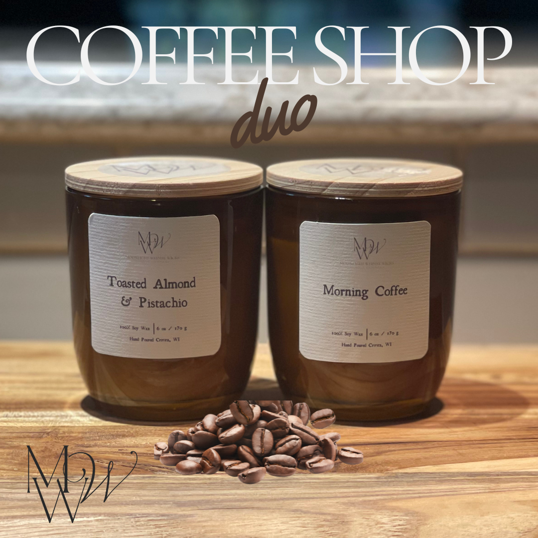 Coffee Shop Duo candle set by Moonlight Whimsy Wicks featuring two amber glass soy candles—Morning Coffee and Toasted Almond & Pistachio—styled on a wooden surface with coffee beans.