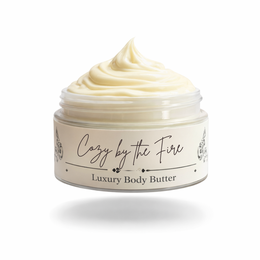 Jar of 'Cozy by the Fire' luxury body butter on a white background