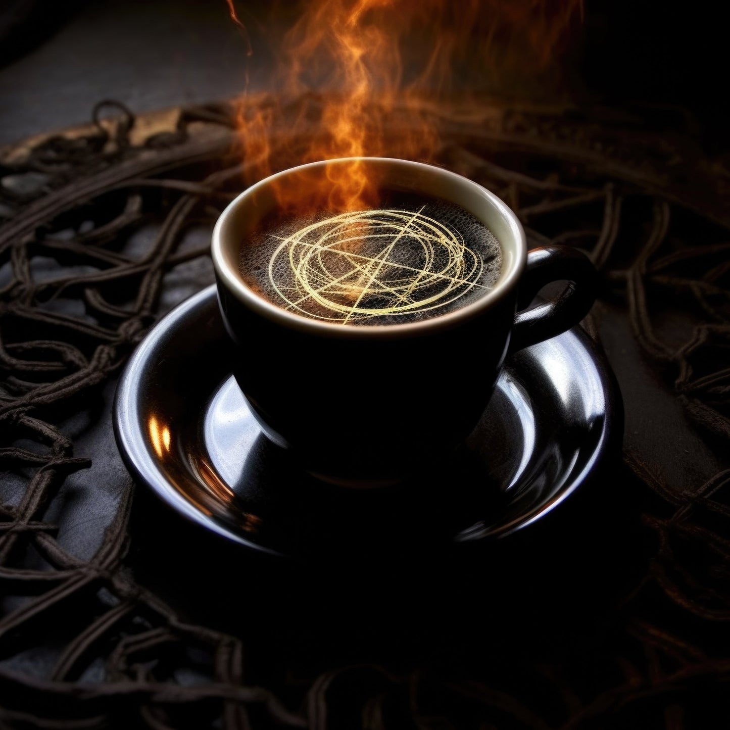 Steaming coffee in a cup on a rustic table and a beam of steam rising.
