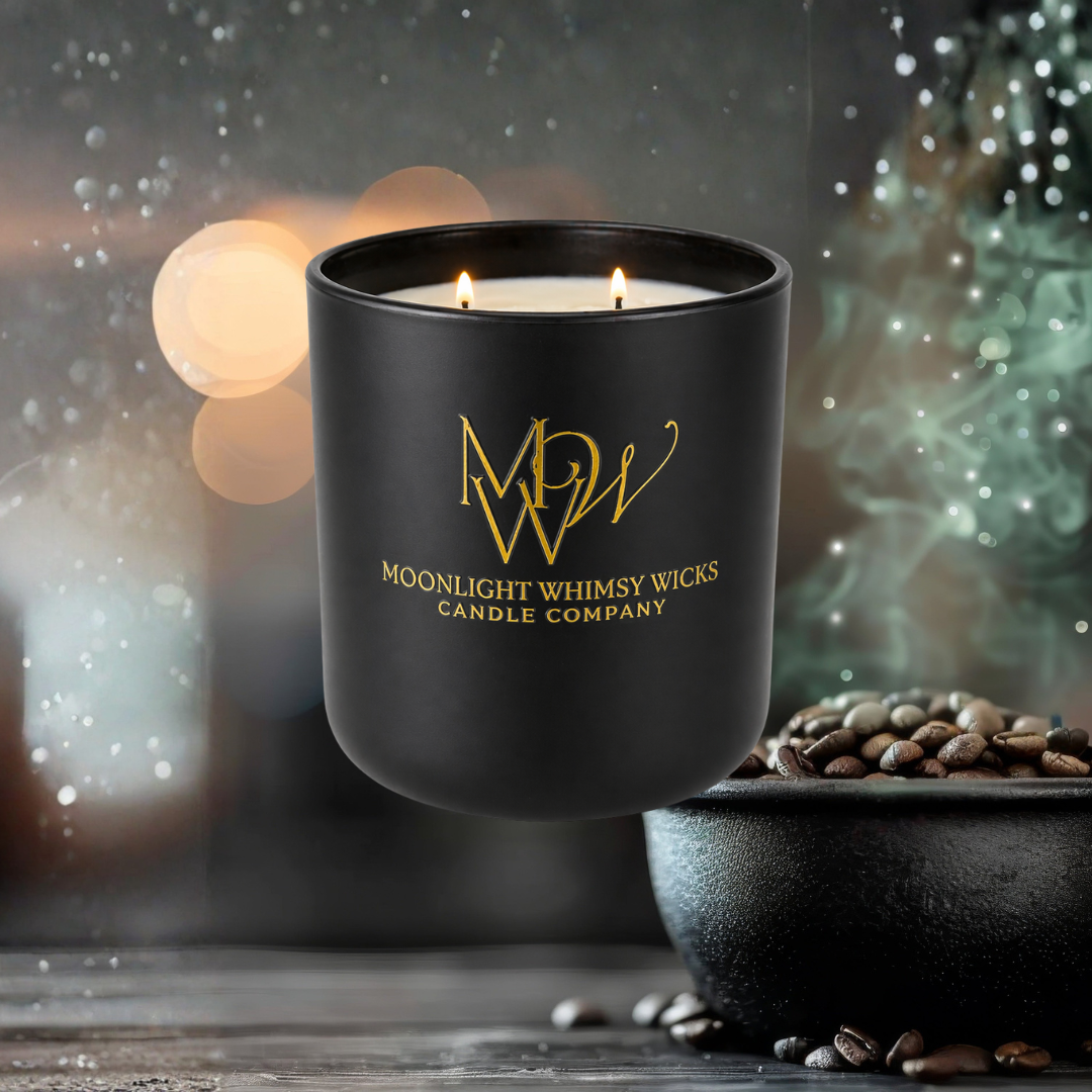 Luxury Soy candle in a Black Matte vessel with 'Moonlight Whimsy Wicks' logo on a wooden surface with coffee beans in a Cauldron.