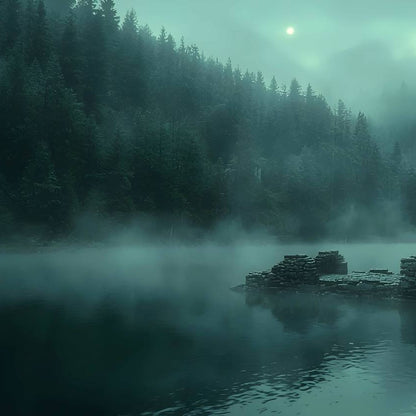 A river with steam rising and a pine forest in the background.