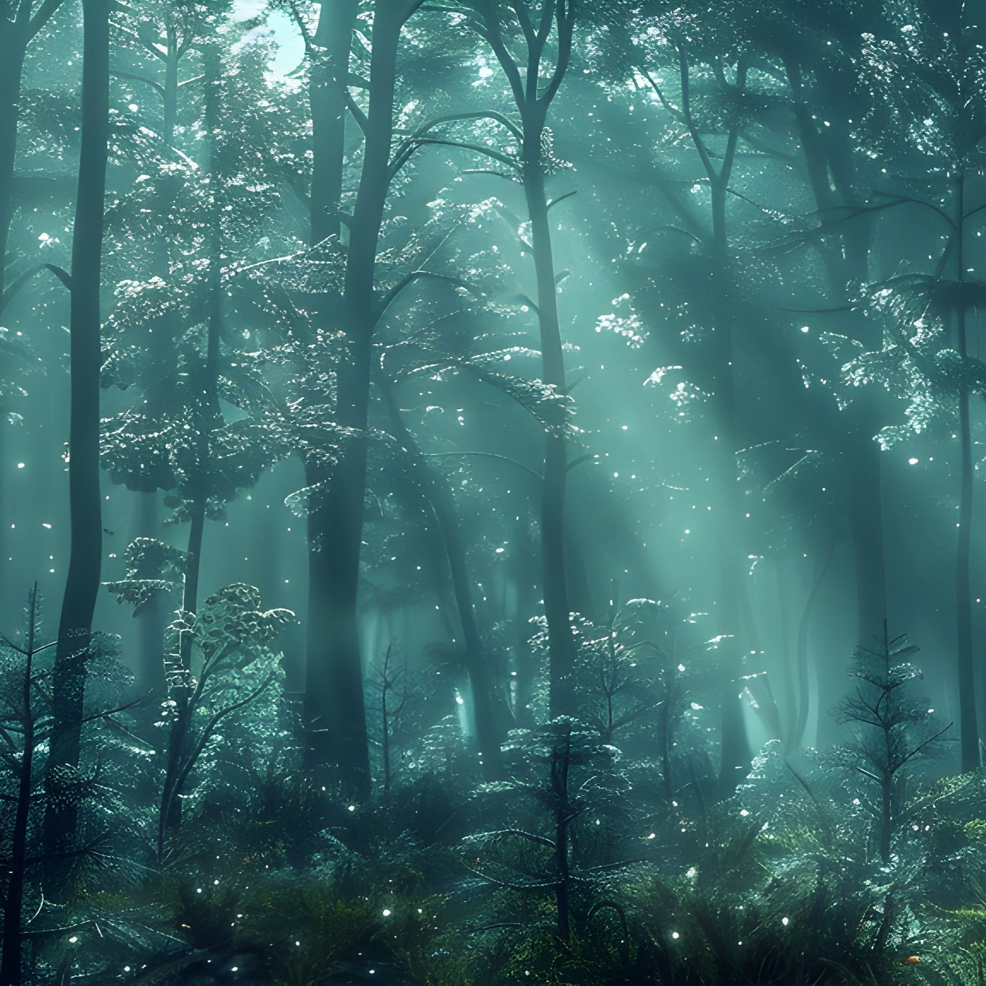 Image of a misty woods with light streaming down.