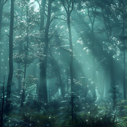 Image of a misty woods with light streaming down.