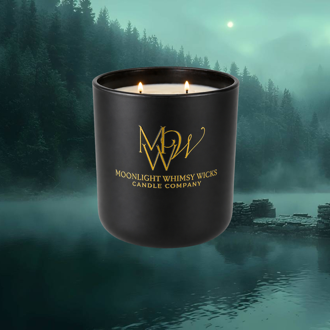 Luxury Black Matte Soy candle with 'Moonlight Whimsy Wicks' logo in a Wooded Pine forest setting with a river and the moon shining above.