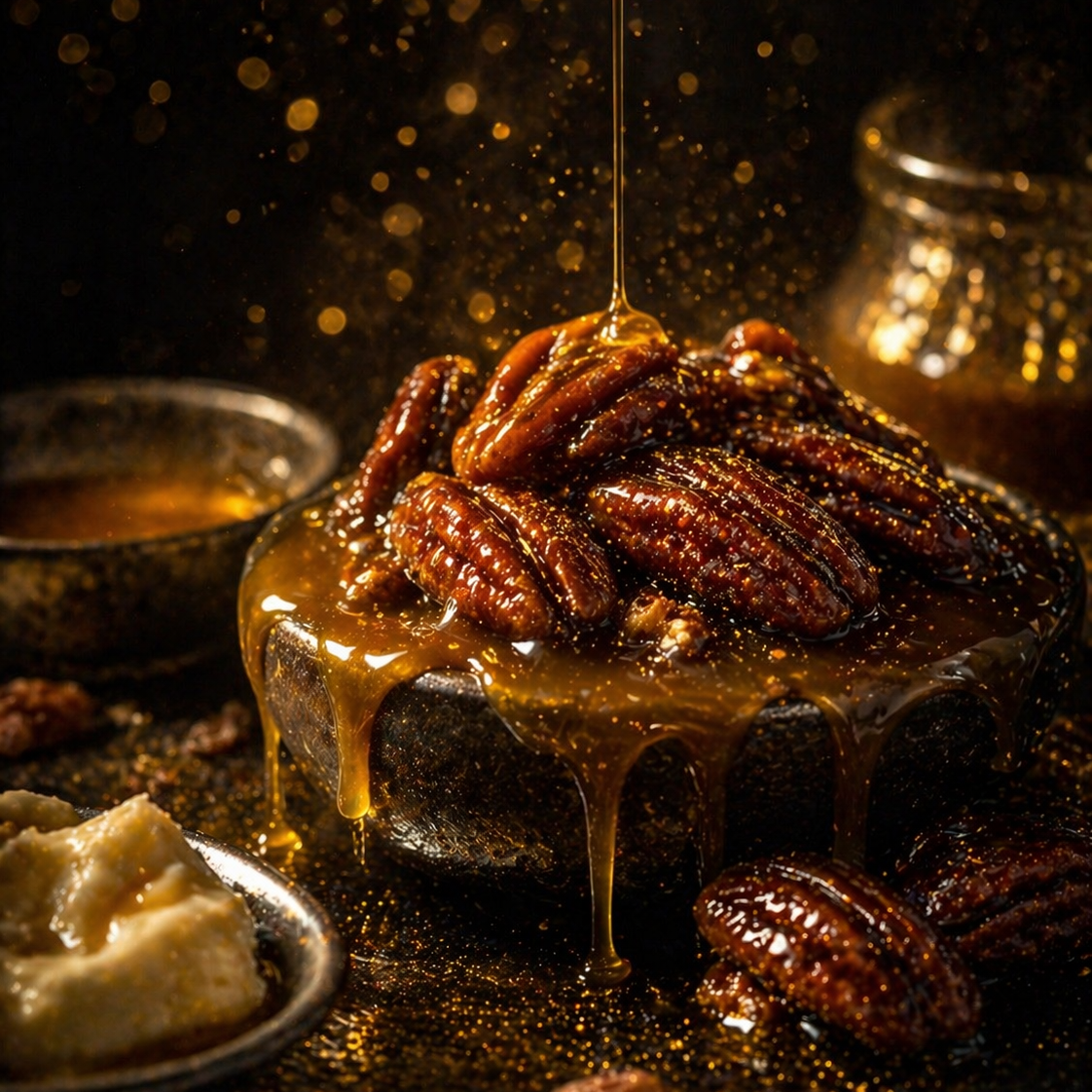 Pecans on a dark surface with honey being drizzled over them, set against a warm, blurred background.
