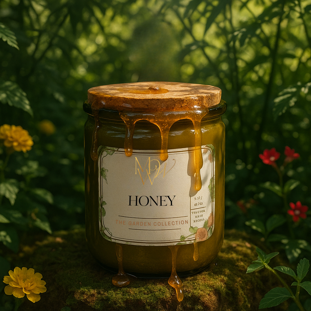 Honey-scented candle from Moonlight Whimsy Wicks' Garden Collection in an olive green recycled glass jar with a cork lid, surrounded by vibrant garden flowers. Honey drips over the sides, creating a rich, golden glow in a lush, botanical setting — perfect for eco-friendly and artisanal candle lovers.