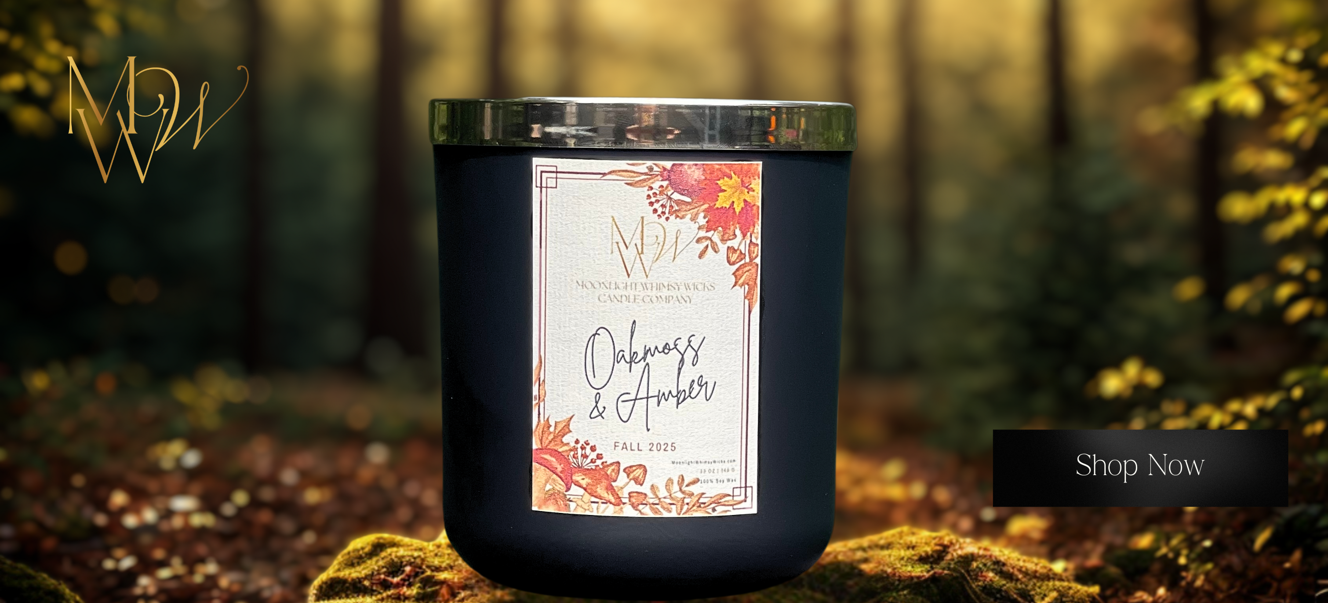 "Oakmoss & Amber soy candle by Moonlight Whimsy Wicks displayed in a dark jar with a fall-themed label, set against a moody forest background with golden autumn light and mossy ground. Hand-poured artisan candle for fall home fragrance."