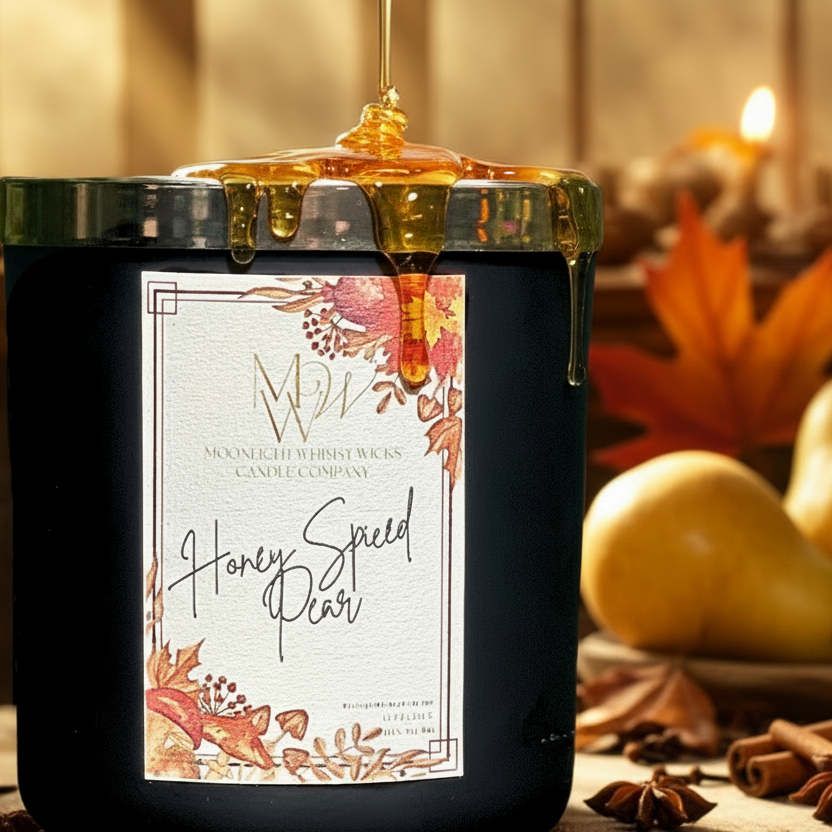 Honey Spiced Pear candle by Moonlight Whimsy Wicks, in a matte black jar with red, orange and yellow leaves on label, surrounded by fresh pears, honey, cinnamon sticks, and autumn light.