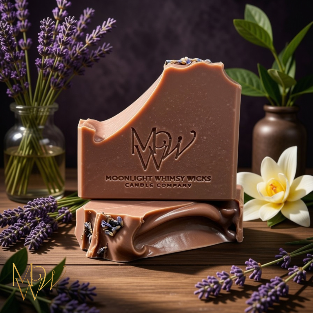 Purple soap with lavender bud toppings stamped with a Moonlight Whimsy Wicks Logo surreounded by lavender and vanilla flowers on a wooden surface.