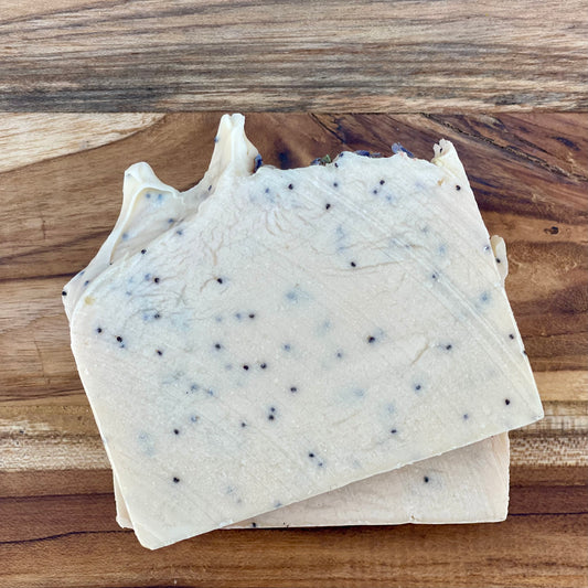 Handmade cold processed exfoliating soap bar with natural poppy seeds, crafted by Moonlight Whimsy Wicks. Soap for gentle exfoliation and moisturizing skincare, made in small batches for sensitive and dry skin.