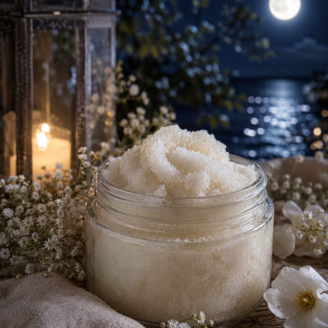 Jar of white scrub with flowers and lanterns in the background