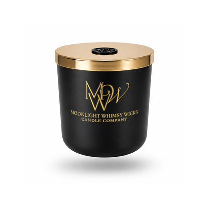 Black Matte Moonlight Whimsy Wicks Luxury Soy Candle in a Black Matte Vessel and Shiny Gold Lid with a hand Stamped Wax seal on top