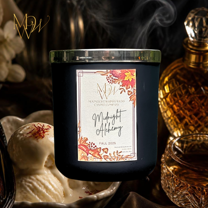 Moonlight Whimsy Wicks Midnight Alchemy candle with bourbon vanilla, saffron, suede, amber, and smoke
