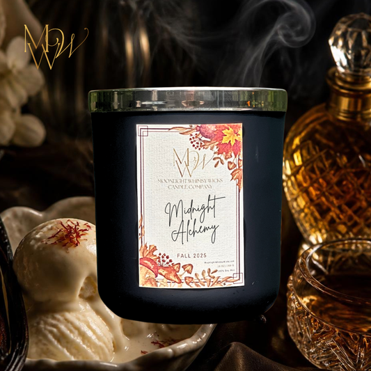 Moonlight Whimsy Wicks Midnight Alchemy candle with bourbon vanilla, saffron, suede, amber, and smoke