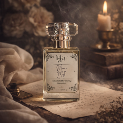 Perfume bottle labeled 'Moon Milk' on a textured surface with a candle and flowers in the background