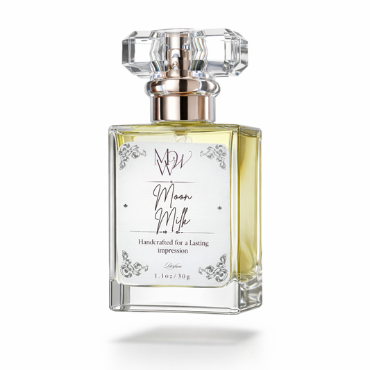 Perfume bottle with decorative label on a white background