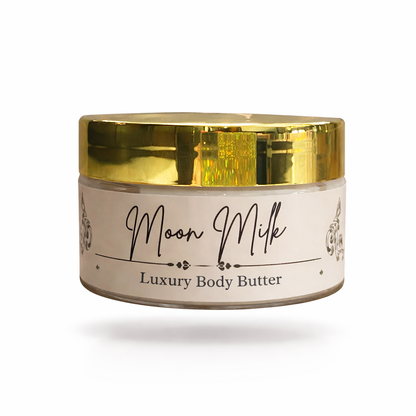 Jar of Moon Milk Luxury Body Butter with gold lid on a white background