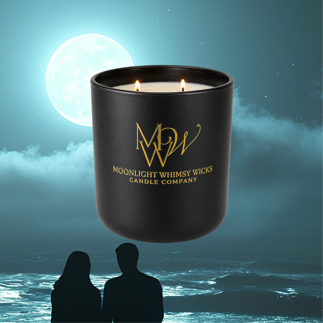 Black Luxury Soy candle with 'Moonlight Whimsy Wicks' logo against a night sky with a full moon and two silhouettes by the water.