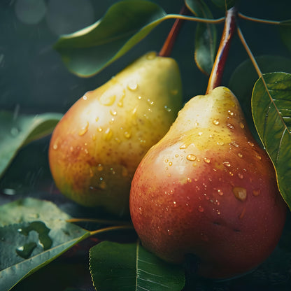Juicy ripe pears still on the tree with dew drops from the fresh rain.