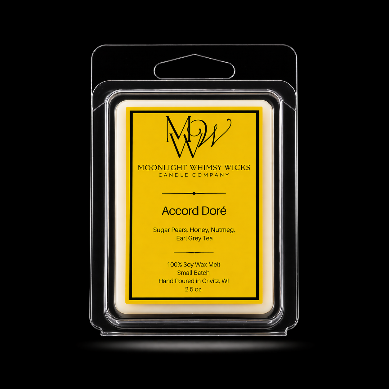 Moonlight Whimsy Wicks Luxury Soy wax melt with gold label on a black background
