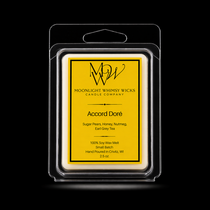 Moonlight Whimsy Wicks Luxury Soy wax melt with gold label on a black background