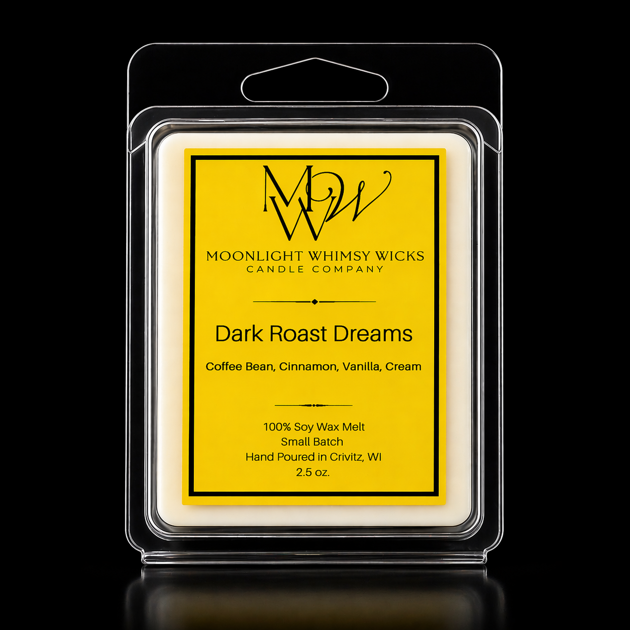Moonlight Whimsy Wicks Soy wax melt  with Gold label on a black background