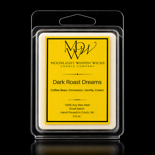 Moonlight Whimsy Wicks Soy wax melt  with Gold label on a black background