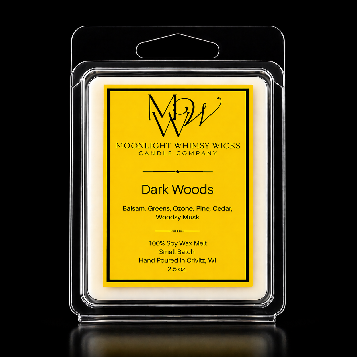 Moonlight Whimsy Wicks Dark Woods wax melt packaging on a black background