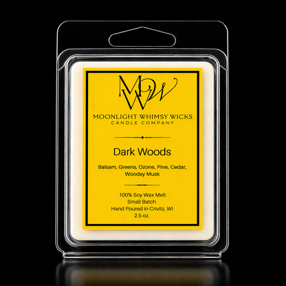 Moonlight Whimsy Wicks Dark Woods wax melt packaging on a black background