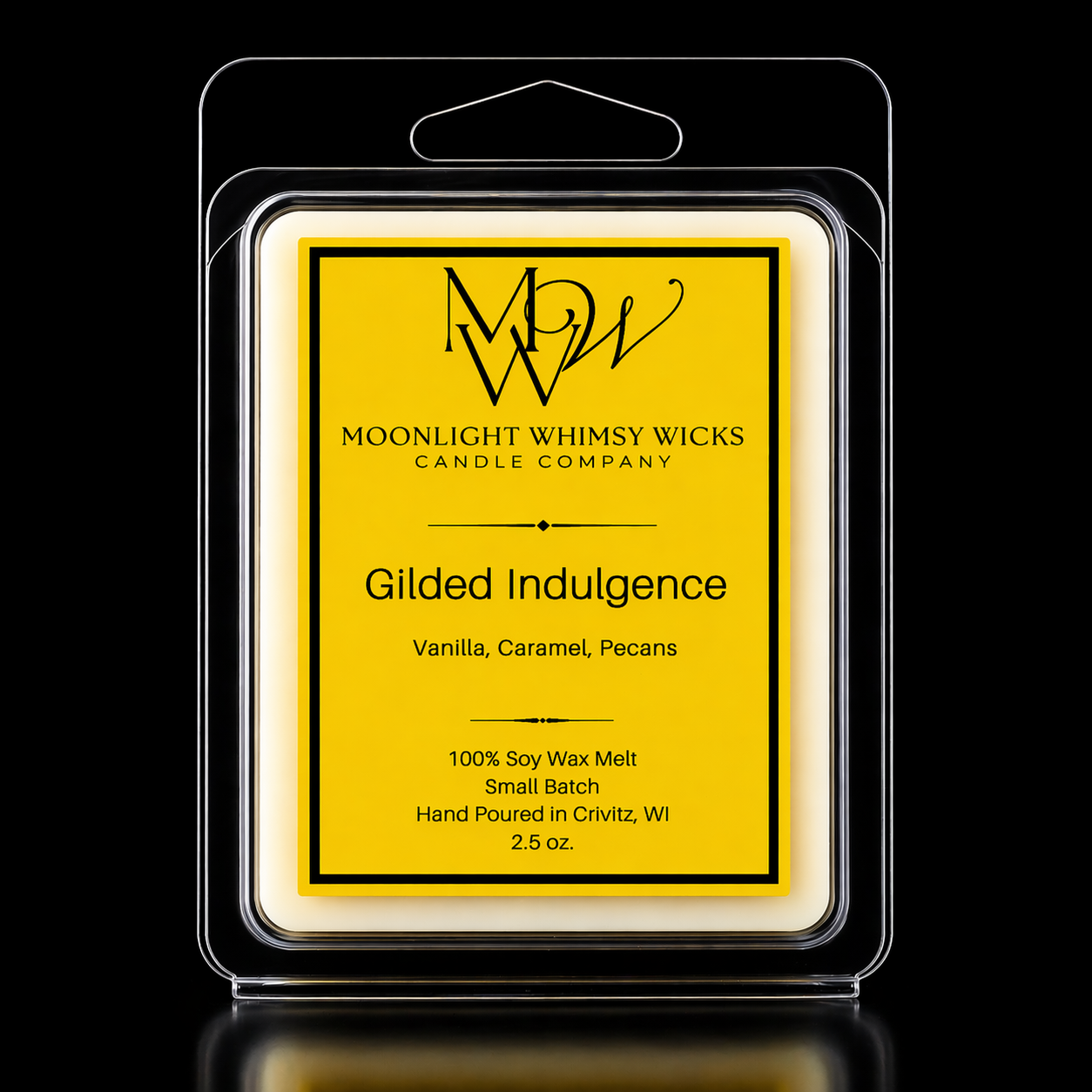 Moonlight Whimsy Wicks Gilded Indulgence Soy wax melt  with gold label on a black background