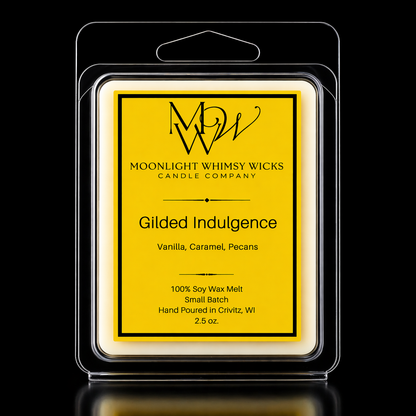 Moonlight Whimsy Wicks Gilded Indulgence Soy wax melt  with gold label on a black background