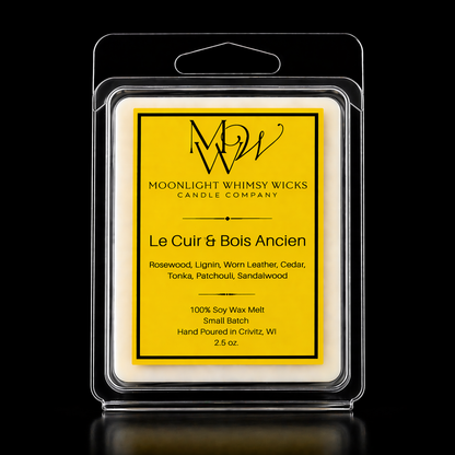 Moonlight Whimsy Wicks Le Cuir & Bois Ancien wax melt with Gold label on a black background