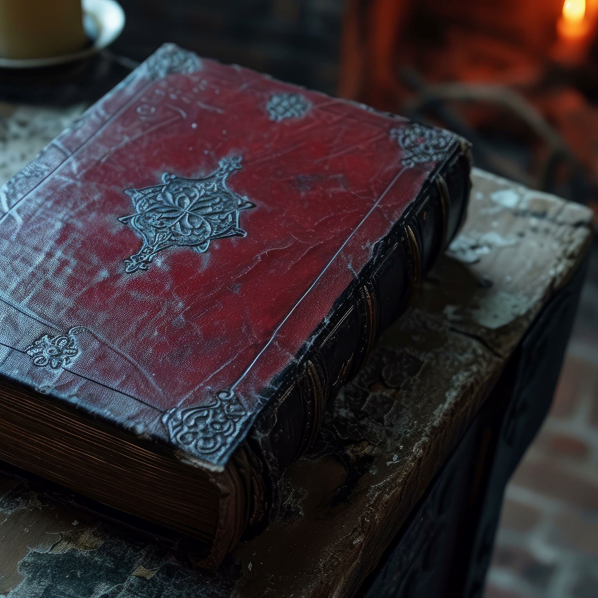Old Books on a rustic library table with a fire crackling in the background