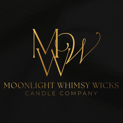 MWW with Moonlight Whimsy Wicks Candle Company written in gold on a black background.