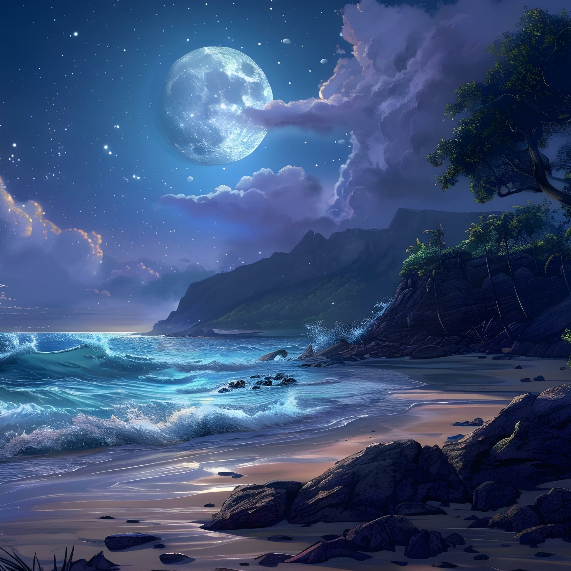Mystical night picture of a beach at night with crashing waves and a full moon in purples, blues.  Representative of Moonlight Whimsy Wicks Moonlight Silhouette Luxury Soy Wax Candle