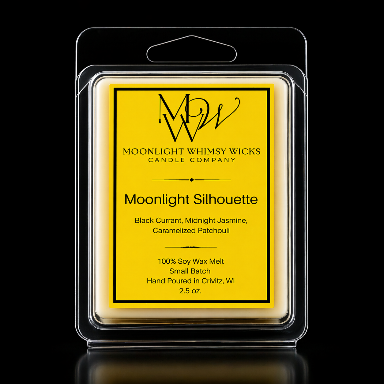 Moonlight Whimsy Wicks  Soy wax melt with gold label on a black background