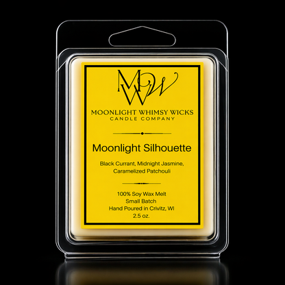 Moonlight Whimsy Wicks  Soy wax melt with gold label on a black background