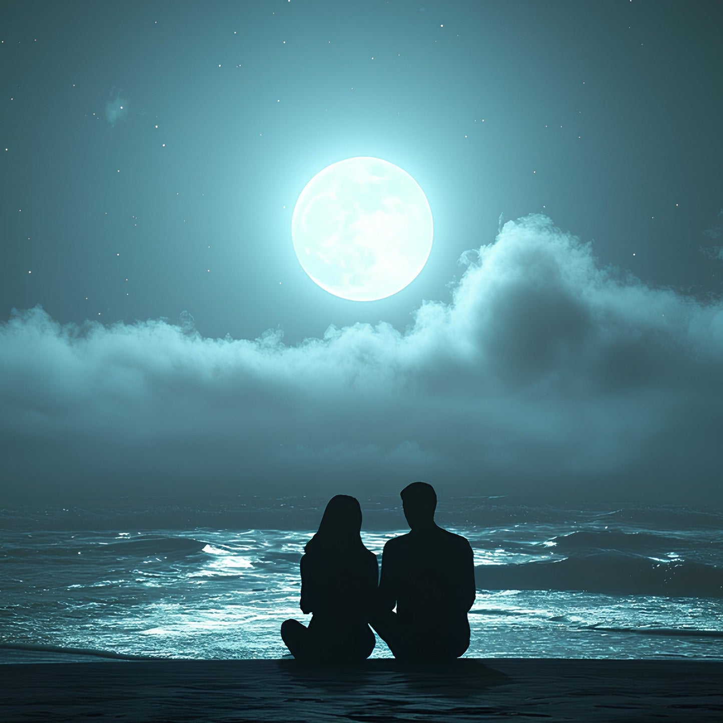Couple sitting on a moonlit beach beneath a full moon with visible ocean waves.