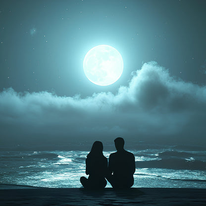 Couple sitting on a moonlit beach beneath a full moon with visible ocean waves.