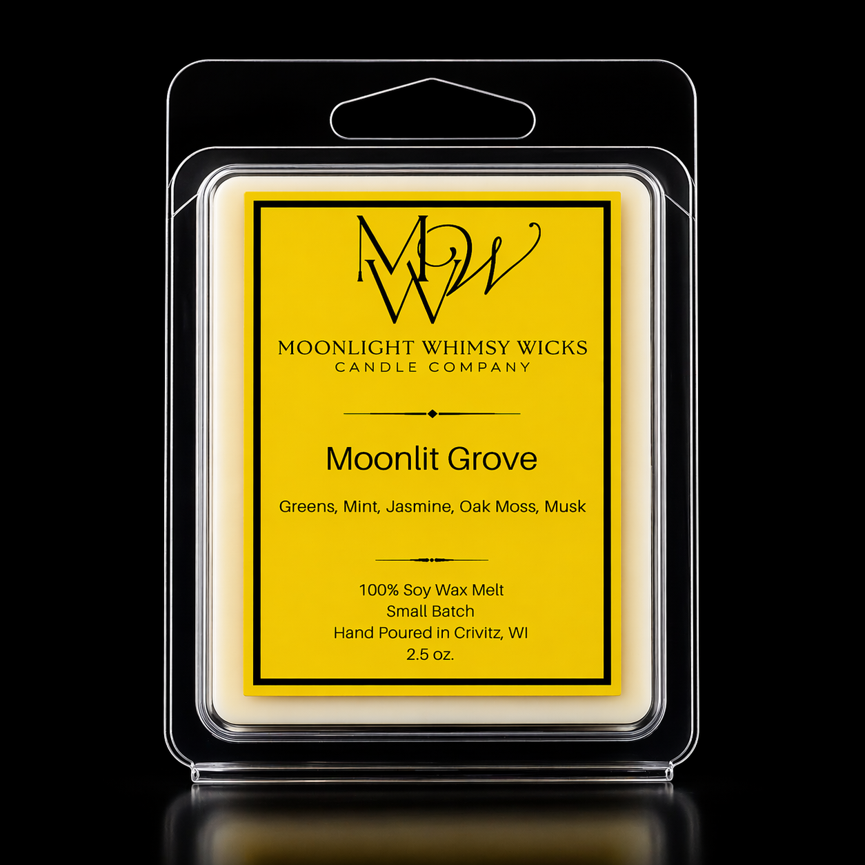 Moonlight Whimsy Wicks Moonlit Groves  wax melt with gold label on a black background